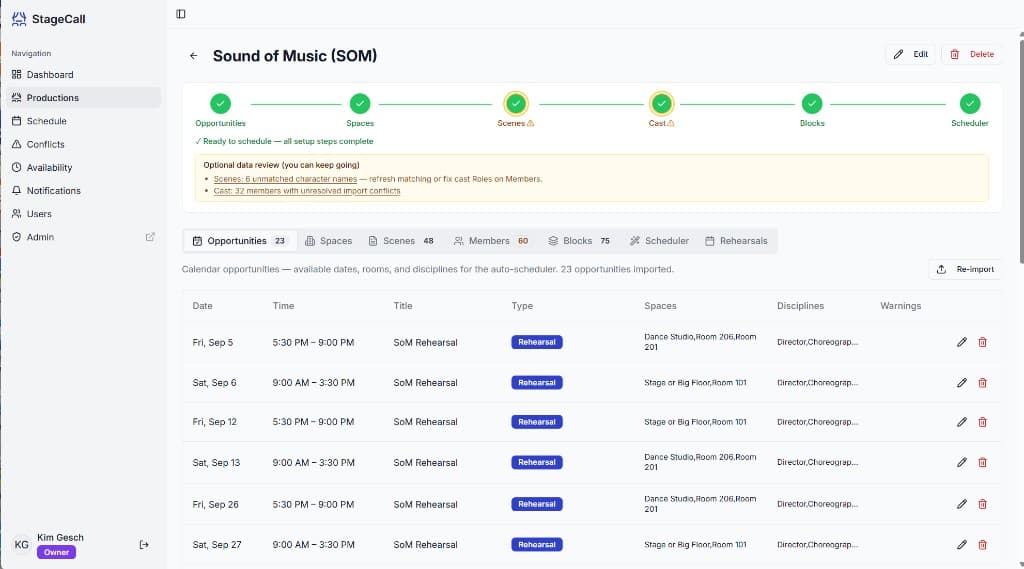 StageCall production detail page for Sound of Music showing the setup pipeline — Opportunities, Spaces, Scenes, Cast, Blocks, and Scheduler steps all complete