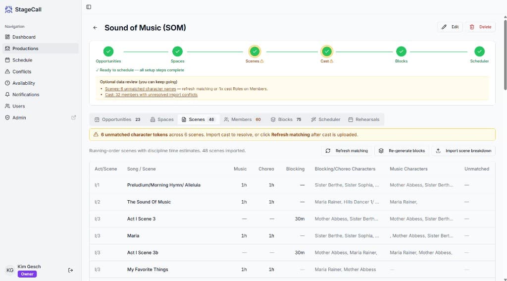 StageCall scene breakdown tab for Sound of Music showing 48 imported scenes with music, choreography, and blocking time estimates per scene, plus character assignments