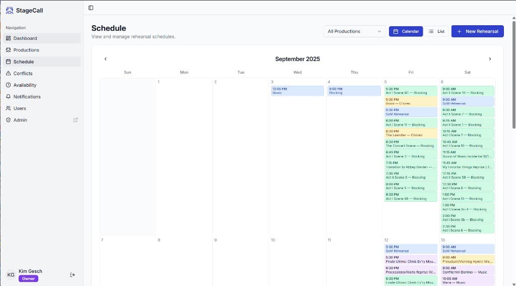 StageCall schedule calendar view for September 2025 showing generated rehearsals across multiple days with colour-coded discipline types